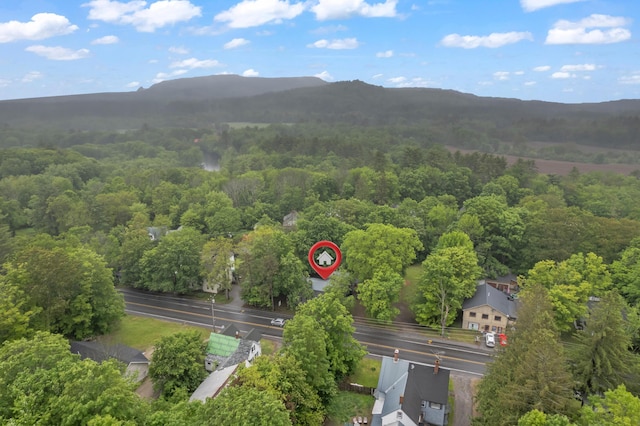 74 Main St, Cornish, ME 04020 - aerial overview of property's location with a mountain backdrop and a forest