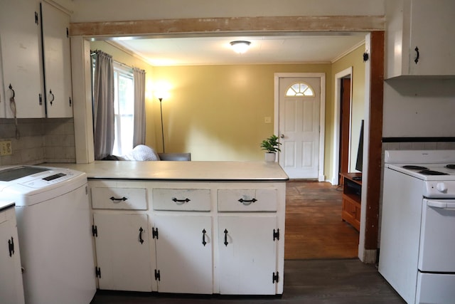 1 Chadwick St, Winslow, ME 04901 - kitchen featuring white electric range oven, white cabinetry, ornamental molding, dark wood-type flooring, and washer and dryer