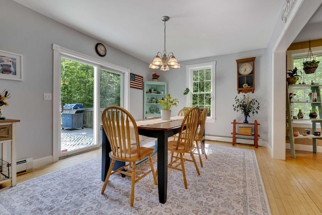 1505 Foxes Ridge Rd, Acton, ME 04001 - dining room featuring a baseboard radiator, a chandelier, and light wood finished floors
