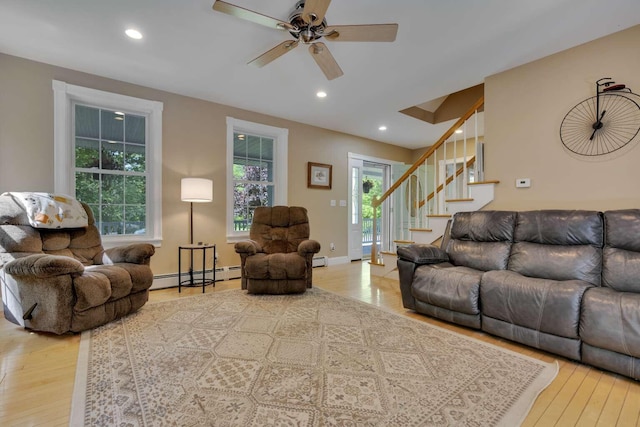 1505 Foxes Ridge Rd, Acton, ME 04001 - living room with a baseboard radiator, wood-type flooring, ceiling fan, stairway, and recessed lighting