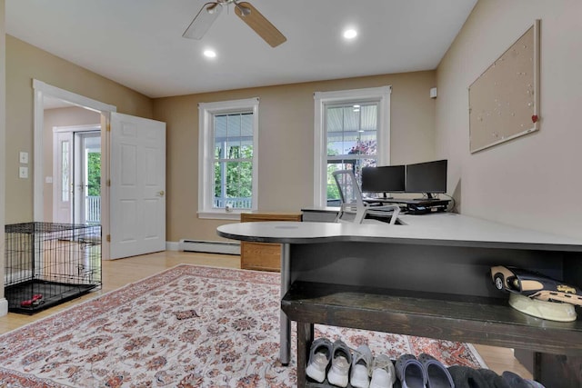 1505 Foxes Ridge Rd, Acton, ME 04001 - office area featuring a baseboard radiator, ceiling fan, light wood-style flooring, and recessed lighting
