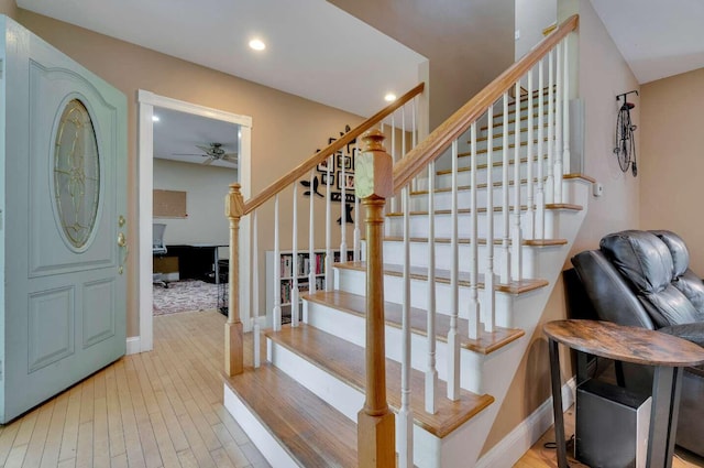 1505 Foxes Ridge Rd, Acton, ME 04001 - entryway with stairs, wood finished floors, a ceiling fan, and recessed lighting