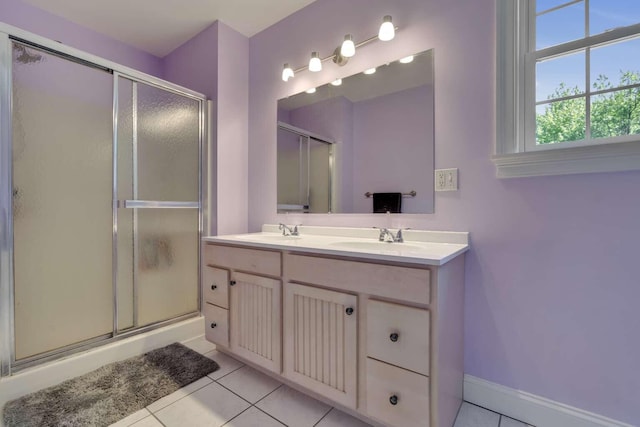 1505 Foxes Ridge Rd, Acton, ME 04001 - full bath with tile patterned flooring, a shower stall, and double vanity