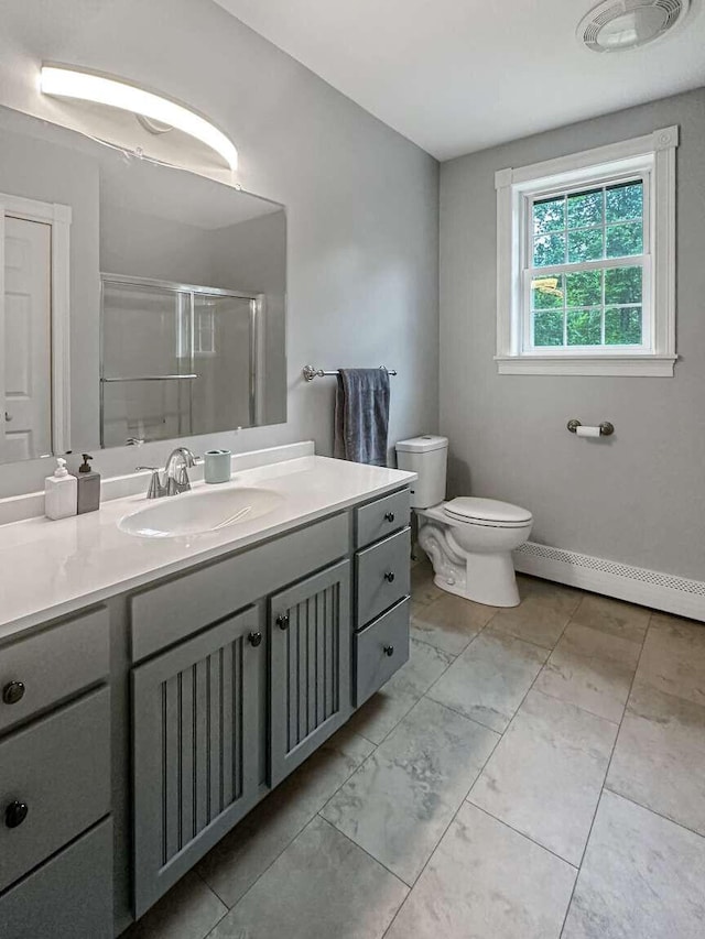 1505 Foxes Ridge Rd, Acton, ME 04001 - bathroom featuring vanity, a stall shower, and a baseboard radiator