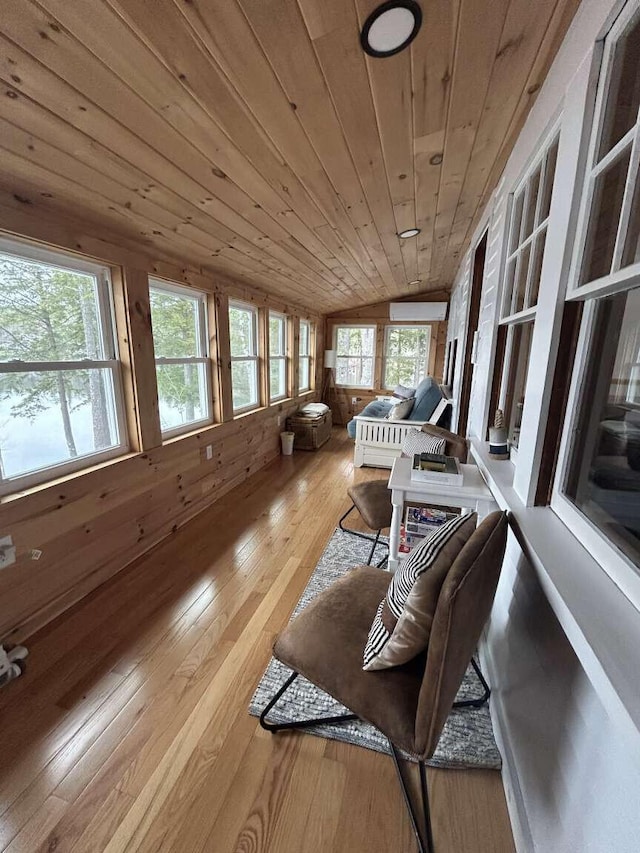 108 30th St, Shapleigh, ME 04076 - sunroom featuring wooden ceiling, wood-type flooring, vaulted ceiling, and wooden walls