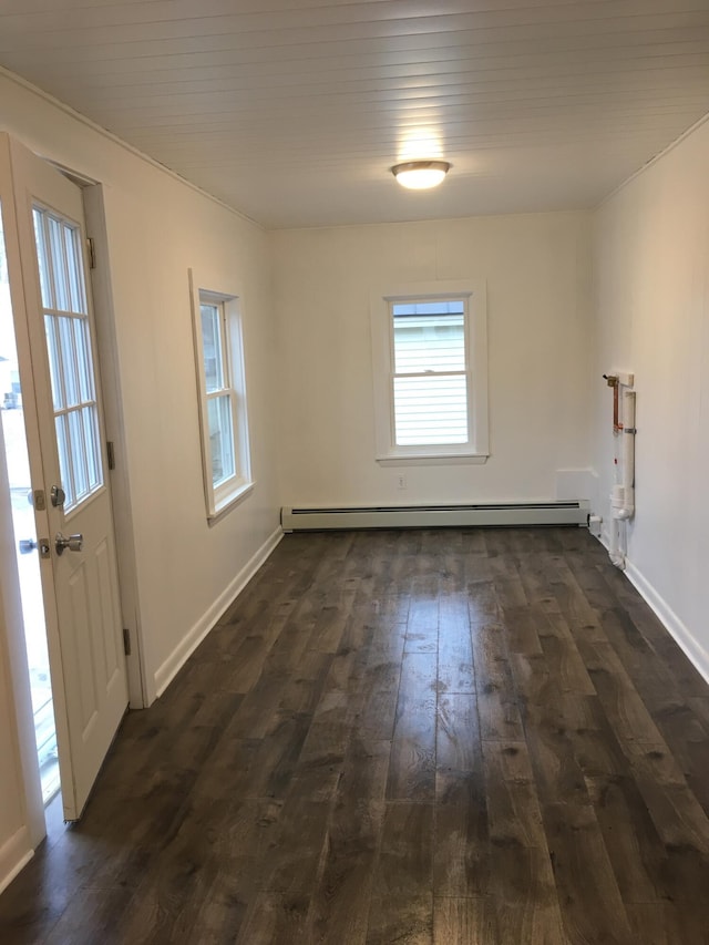 3 Baker St, Winslow, ME 04901 - empty room with a baseboard radiator, dark wood-style flooring, wooden ceiling, and baseboards