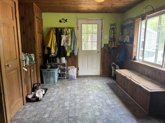 20 Coldbrook Rd, Hampden, ME 04444 - mudroom with plenty of natural light, wooden ceiling, stone finish floors, and wooden walls