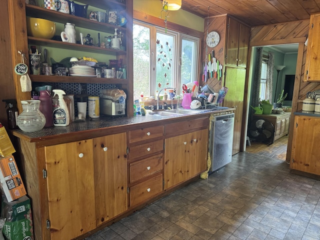 20 Coldbrook Rd, Hampden, ME 04444 - kitchen with dishwasher, a sink, stone tile floors, brown cabinetry, and wood ceiling