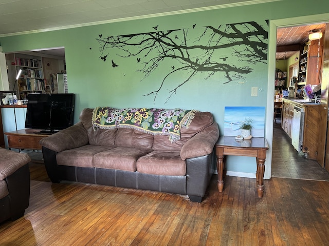 20 Coldbrook Rd, Hampden, ME 04444 - living room with wood-type flooring, ornamental molding, and baseboards