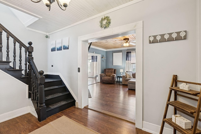 13 Bartlett St, Waterville, ME 04901 - stairway with wood finished floors, wooden ceiling, crown molding, baseboards, and ceiling fan