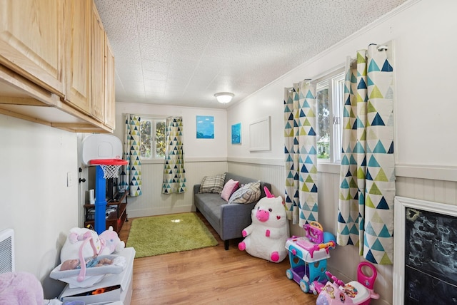 13 Bartlett St, Waterville, ME 04901 - playroom featuring light wood-style flooring, a wainscoted wall, and ornamental molding