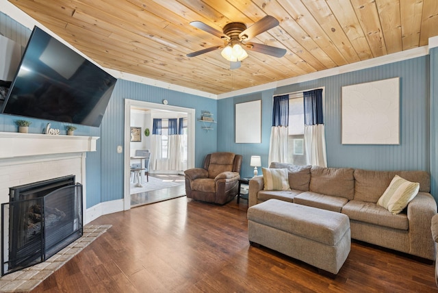 13 Bartlett St, Waterville, ME 04901 - living room featuring wood ceiling, crown molding, a ceiling fan, a fireplace, and wood finished floors