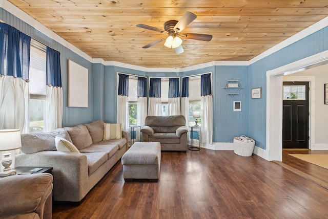 13 Bartlett St, Waterville, ME 04901 - living area with ornamental molding, wooden ceiling, ceiling fan, hardwood / wood-style floors, and baseboards