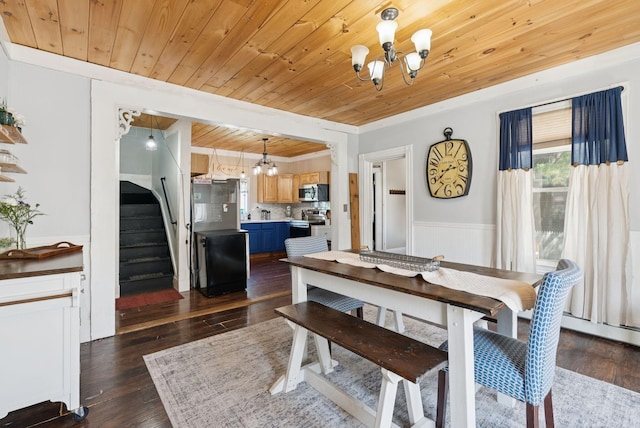13 Bartlett St, Waterville, ME 04901 - dining area featuring a chandelier, plenty of natural light, wood ceiling, a wainscoted wall, and stairway