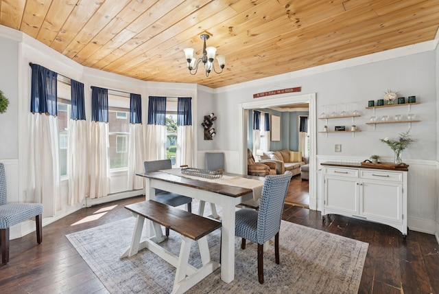13 Bartlett St, Waterville, ME 04901 - dining room with wooden ceiling, wainscoting, a baseboard radiator, a chandelier, and dark wood-style flooring