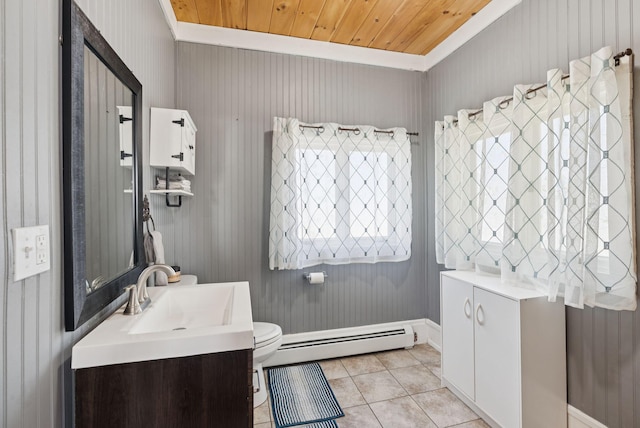 13 Bartlett St, Waterville, ME 04901 - bathroom with a baseboard radiator, crown molding, tile patterned floors, vanity, and toilet