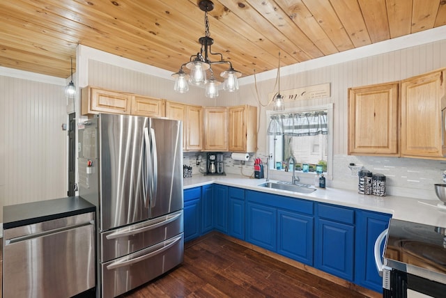 13 Bartlett St, Waterville, ME 04901 - kitchen featuring freestanding refrigerator, a sink, wood ceiling, light brown cabinets, and tasteful backsplash