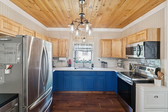 13 Bartlett St, Waterville, ME 04901 - kitchen with appliances with stainless steel finishes, a sink, ornamental molding, light brown cabinetry, and dark wood-type flooring