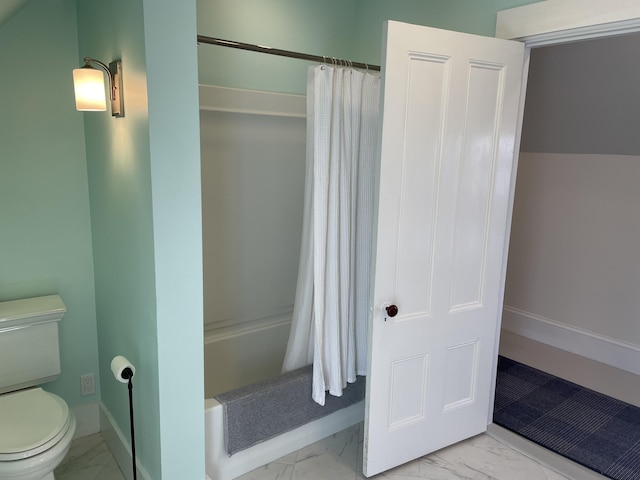 138 Limerock St Unit A, Rockland, ME 04841 - full bathroom with marble finish flooring, toilet, shower / bath combo, and baseboards