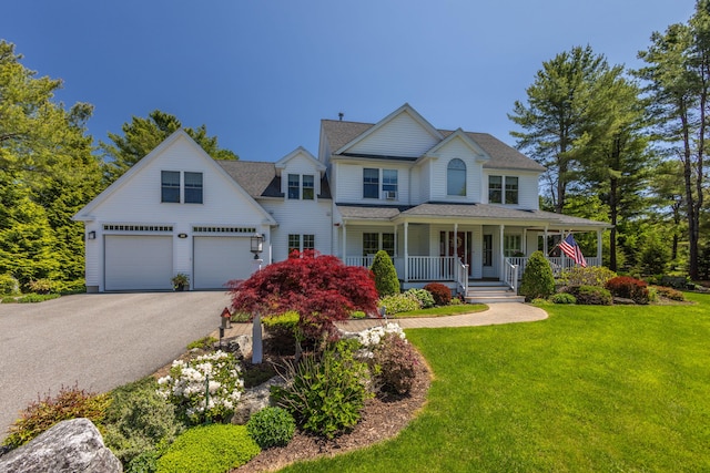 10 Clam Cove Dr, Rockport, ME 04856 - view of front of home featuring a porch, driveway, a front lawn, roof with shingles, and a garage