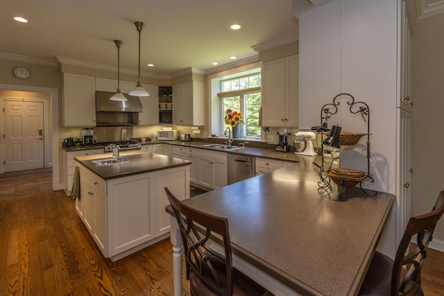 10 Clam Cove Dr, Rockport, ME 04856 - kitchen featuring stainless steel dishwasher, a sink, dark countertops, extractor fan, and crown molding
