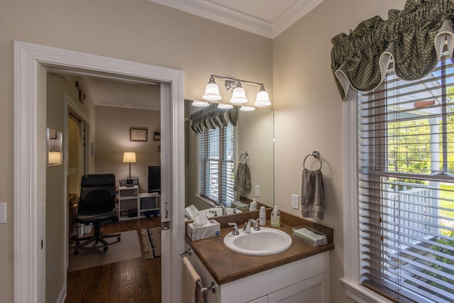 10 Clam Cove Dr, Rockport, ME 04856 - bathroom featuring crown molding, wood finished floors, and vanity