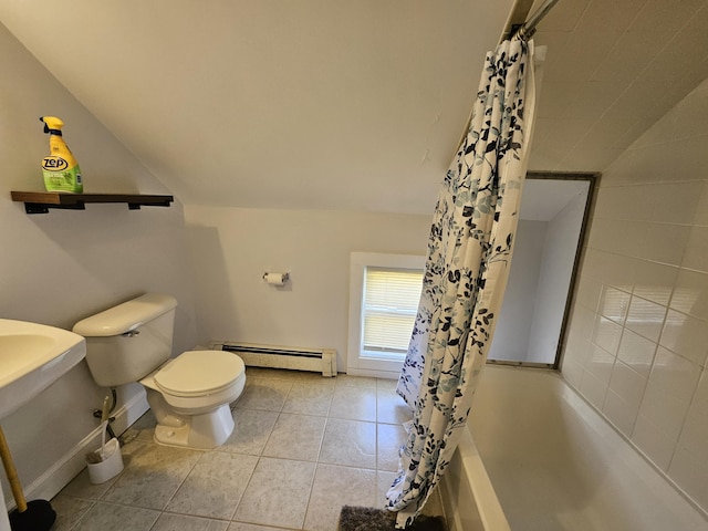 42-44 Richardson St, Bath, ME 04530 - full bath featuring a baseboard radiator, toilet, tile patterned flooring, shower / tub combo with curtain, and baseboards