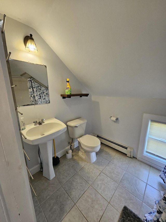 42-44 Richardson St, Bath, ME 04530 - full bath featuring baseboard heating, vaulted ceiling, toilet, tile patterned floors, and a shower with shower curtain