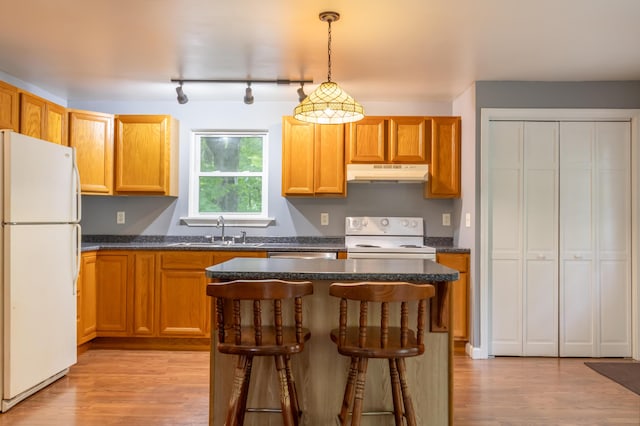 14 Carter Ln, Brewer, ME 04412 - kitchen with white appliances, a sink, under cabinet range hood, light wood finished floors, and dark countertops