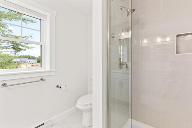 21 Arnies Alley -, Westbrook, ME 04092 - bathroom with a stall shower, marble look tile flooring, toilet, and baseboard heating