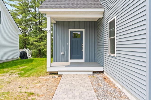 21 Arnies Alley -, Westbrook, ME 04092 - entrance to property featuring board and batten siding, a lawn, and roof with shingles