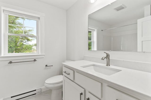 21 Arnies Alley -, Westbrook, ME 04092 - bathroom with baseboard heating, marble finish floors, vanity, toilet, and a shower