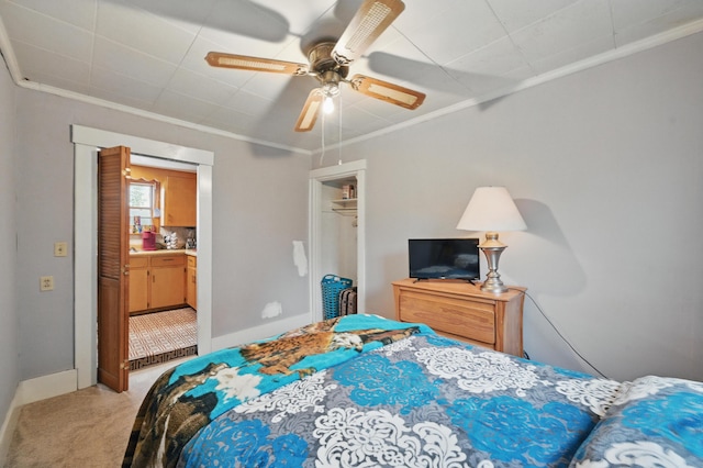 23 Main St, Athens, ME 04912 - bedroom featuring light carpet, ornamental molding, a ceiling fan, baseboards, and ensuite bath