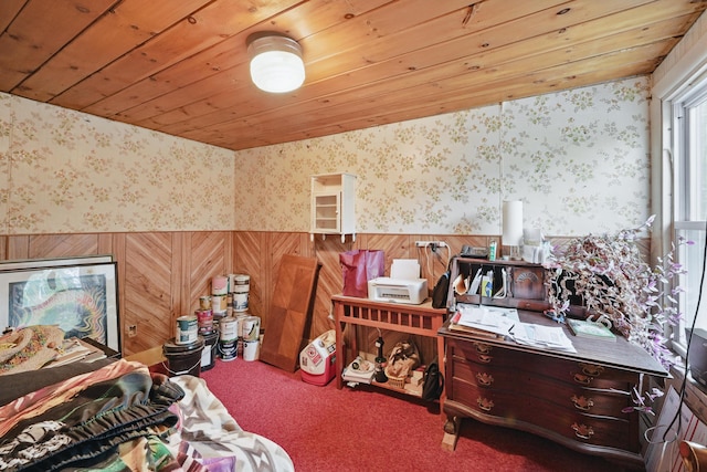 23 Main St, Athens, ME 04912 - carpeted bedroom featuring wallpapered walls, a wainscoted wall, wooden ceiling, and wood walls