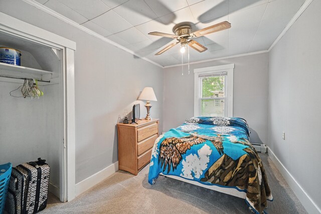 23 Main St, Athens, ME 04912 - bedroom featuring a baseboard radiator, baseboards, light colored carpet, crown molding, and ceiling fan