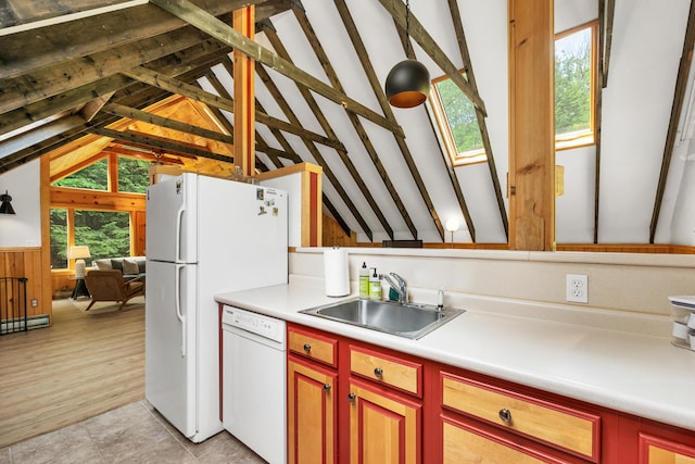 12 Michaud Ln, Bridgton, ME 04009 - kitchen with white appliances, a sink, light countertops, and wood walls