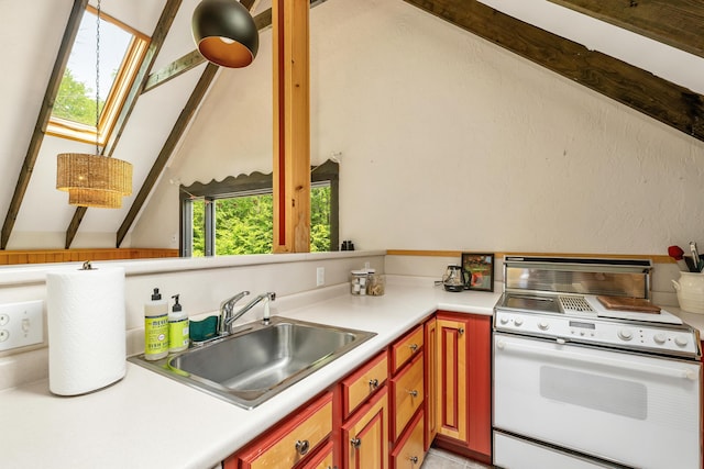 12 Michaud Ln, Bridgton, ME 04009 - kitchen with white electric stove, light countertops, and a sink