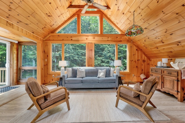 12 Michaud Ln, Bridgton, ME 04009 - living room featuring vaulted ceiling, light wood finished floors, ceiling fan, wood ceiling, and wood walls