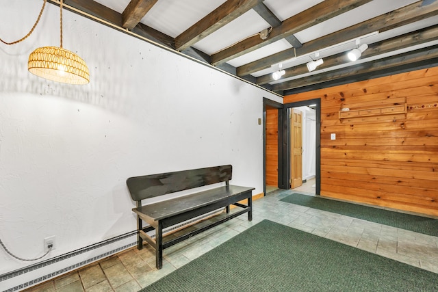 12 Michaud Ln, Bridgton, ME 04009 - living area featuring beam ceiling and wooden walls