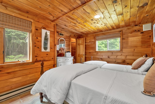 12 Michaud Ln, Bridgton, ME 04009 - bedroom with a baseboard heating unit, wood walls, and wooden ceiling