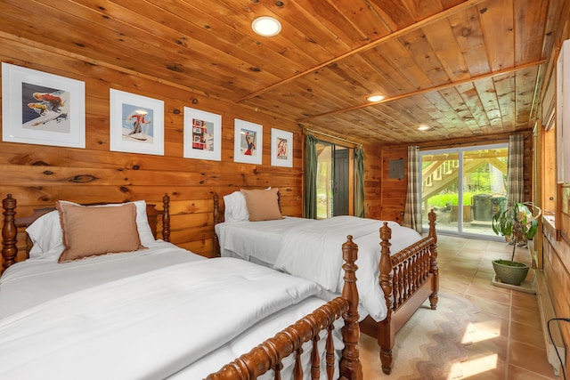 12 Michaud Ln, Bridgton, ME 04009 - bedroom featuring wooden ceiling, access to exterior, wooden walls, light tile patterned flooring, and recessed lighting