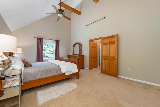 12 Michaud Ln, Bridgton, ME 04009 - bedroom featuring high vaulted ceiling, light colored carpet, baseboards, and ceiling fan