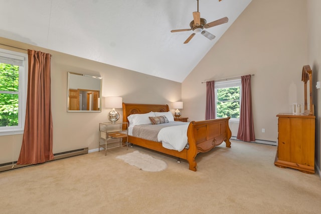 12 Michaud Ln, Bridgton, ME 04009 - bedroom with high vaulted ceiling, carpet flooring, a baseboard heating unit, a ceiling fan, and baseboards