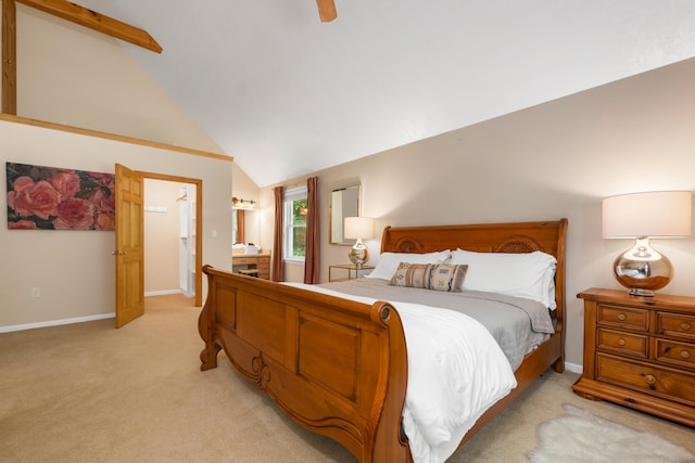 12 Michaud Ln, Bridgton, ME 04009 - bedroom featuring light colored carpet, baseboards, ceiling fan, and high vaulted ceiling