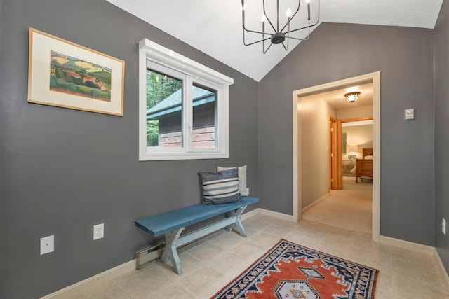 12 Michaud Ln, Bridgton, ME 04009 - sitting room featuring a chandelier, lofted ceiling, baseboards, and light tile patterned floors