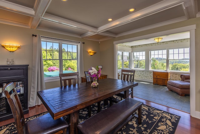 321 Beech Hill Rd, Northport, ME 04849 - dining area with coffered ceiling, hardwood / wood-style floors, beamed ceiling, baseboards, and recessed lighting