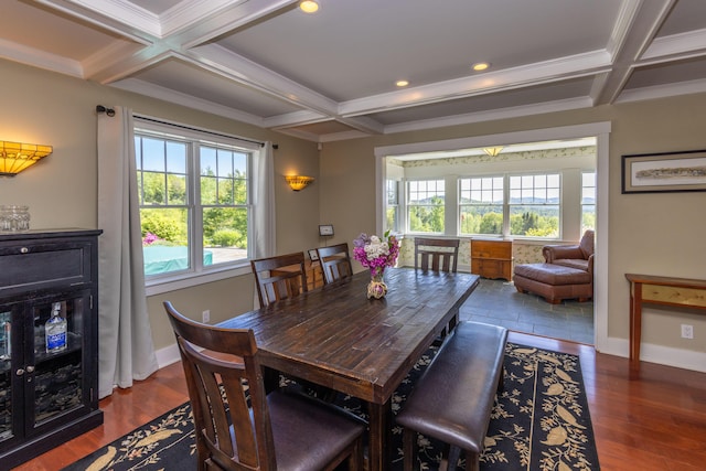 321 Beech Hill Rd, Northport, ME 04849 - dining space featuring coffered ceiling, plenty of natural light, baseboards, beamed ceiling, and crown molding