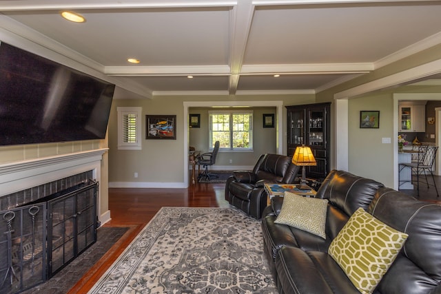 321 Beech Hill Rd, Northport, ME 04849 - living room with dark wood finished floors, a fireplace with flush hearth, baseboards, crown molding, and recessed lighting