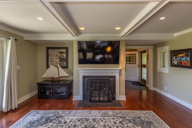 321 Beech Hill Rd, Northport, ME 04849 - living area with ornamental molding, wood finished floors, baseboards, a fireplace, and recessed lighting
