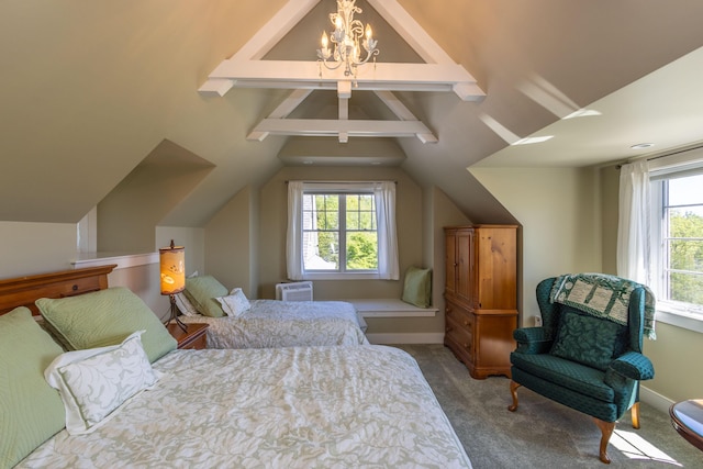 321 Beech Hill Rd, Northport, ME 04849 - bedroom with carpet and a chandelier